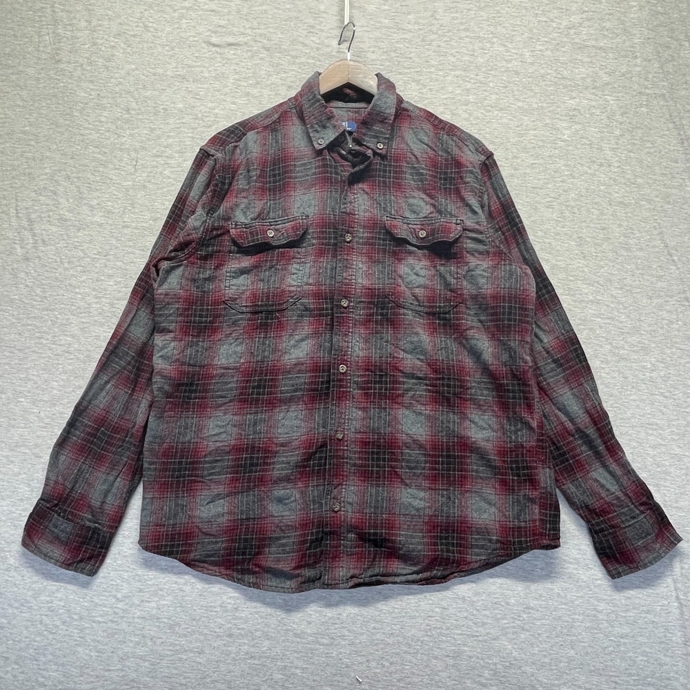 George Flannel Shirt Mens Large (42-44) Burgundy Gray Plaid Collared Button Down
